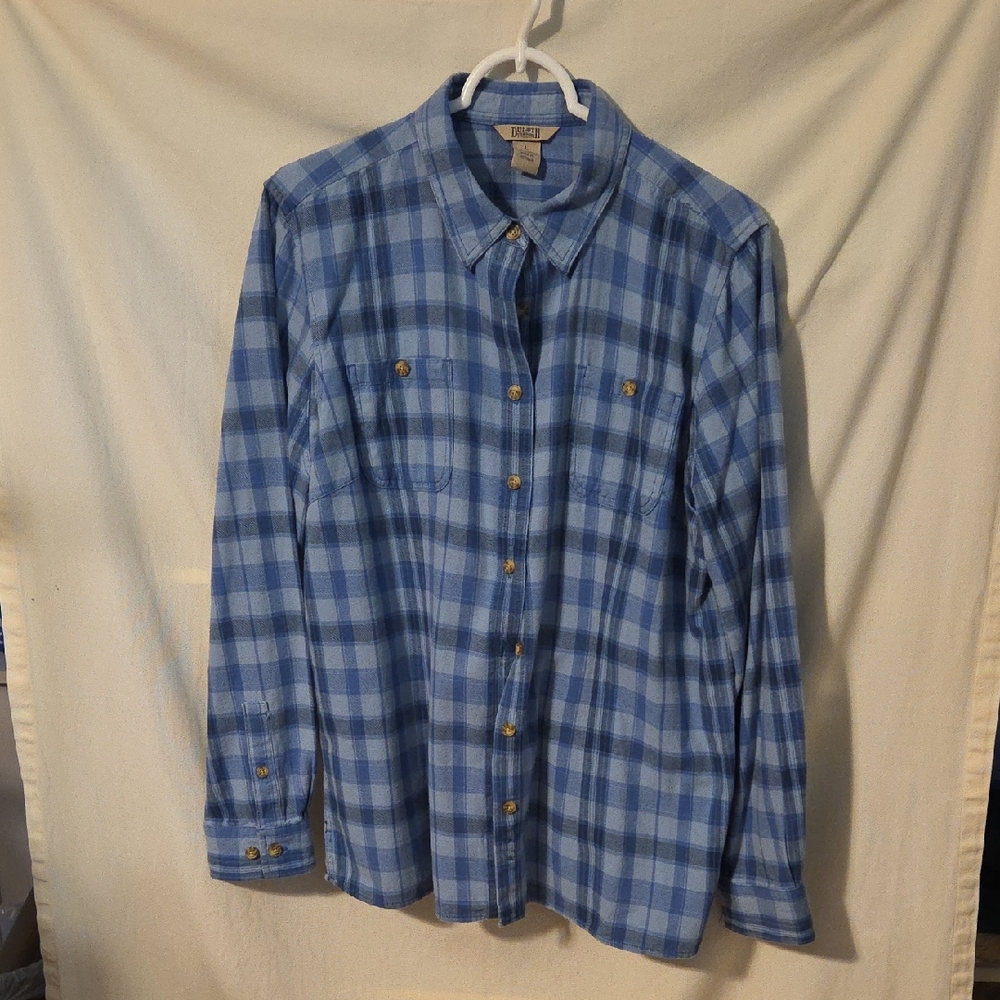 Duluth Trading Co Free Swingin' Flannel Blue Plaid Shirt Size Large EUC